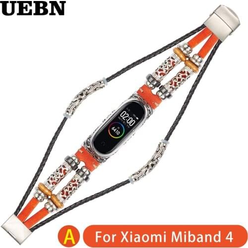 UEBN Leather Retro watchband for miband 3 With metal embossed border Wriststrap DIY Bracelet For xiaomi miband 4 smart wristband