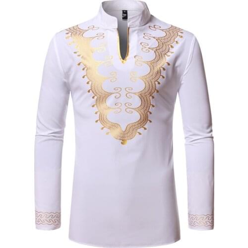 White Mandarin Collar V Neck African Clothes Men Hipster African Dashiki Print Shirt Men Hip Hop Streetwear Casual Chemise Homme