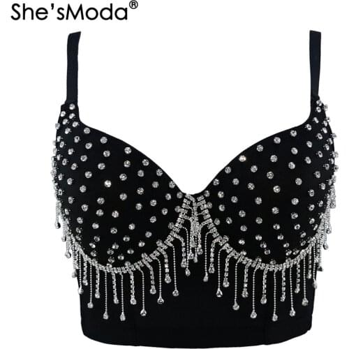ShesModa Diamonds Tassels Push Up Bra Night Club Bralette Womens Cropped Top Vest Corset Plus Size