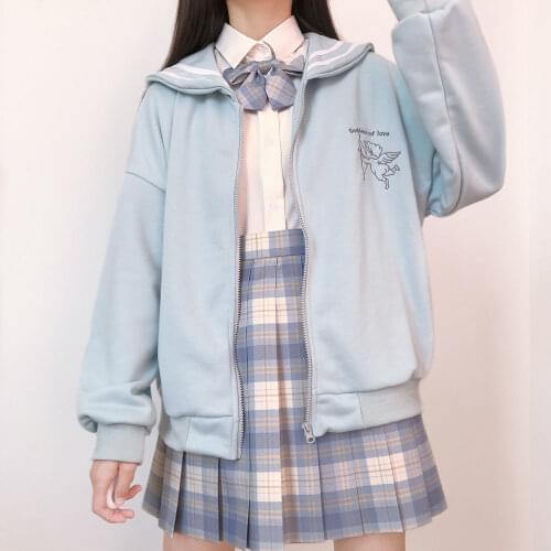 Kawaii Zip Up Hoodie Sailor Collar Sweatshirt Japan Style Long Sleeve Cute Tops for Teens 2021 JK Pink Navy Soft Girl Kpop