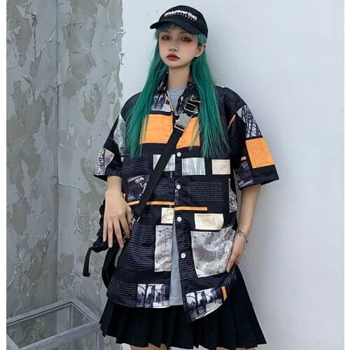 Vintage Oversize shirts Women Men Tops Blouses couple hip hop Clothes Summer Short Sleeve turn-down Collar Casual Shirts Ladies