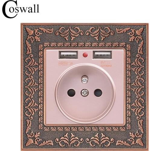 Coswall Zinc Alloy High-end Retro 16A Gold French Standard Power Wall Socket With Dual USB 2.1A Charging Port Embossed Panel