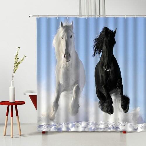 Black White Horse Shower Curtains Strong Animal Running On The Snow Bathroom Decor Home Bathtub Waterproof Polyester Curtain Set