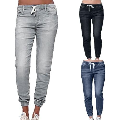 Women’s Mid Waisted Poket Lace Up Lantern Jeans Pants Denim Casual Trousers Denim Pants Female Trousers Pencil Jeans