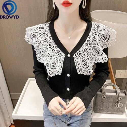 2021 Autumn and Winter New Sweet Lace Ruffled V-neck College Short Korean Knitted Cardigan Jacket Women Single-breasted Sweater