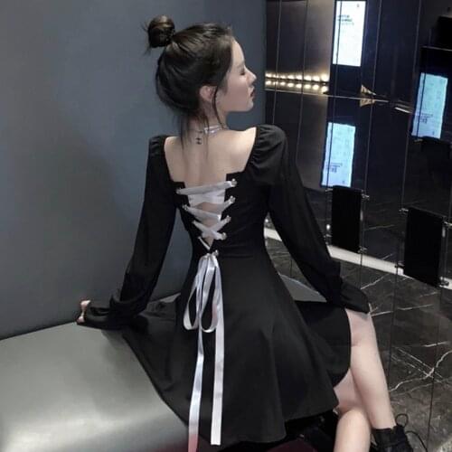 Backless Dress Women Long Sleeve Vintage Lace-up Gothic 2020 Summer Square Collar Party Sexy Mini Dresses Plus size 4XL Vestidos