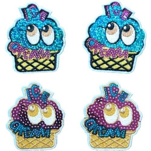 10PCS/lot Cartoon Sequins ICE CREAM Patch Iron on Sequined Embroidery Applique Patches for Clothes DIY Garment Accessories