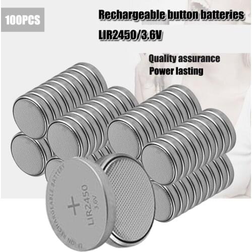 100pcs 3.6V LIR2450 120mAh Rechargeable Batteries 500 Times Lithium Coin Cell Button Battery Replaced CR2450 LM2450