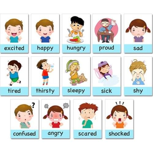 14pcs Montessori Kids English Learning Cards Cartoon Emotion Flash Card for Children Baby Early Educational Memory Game Toys