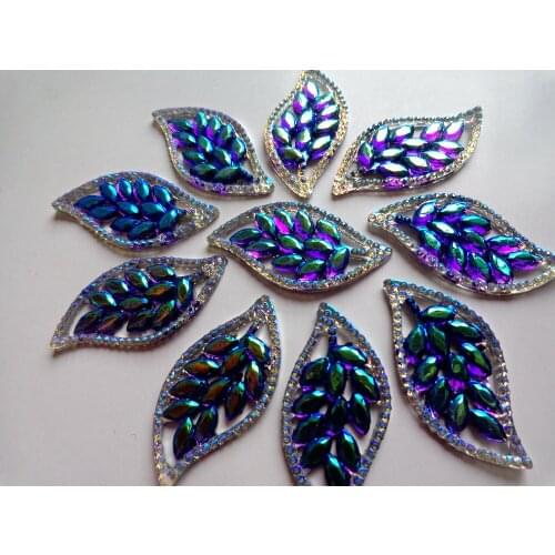 20pcs New fashion style purple/clear AB colour sew on rhinestones flatback leaf shape crystal gem stones 42*21mm