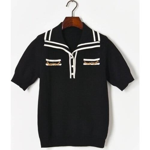 2021 Summer Free Shipping Sweater Lapel Neck Short Sleeve Fashion Black Green White Womens Clothes XIAO