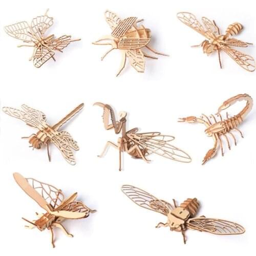 3D Insect Wooden Puzzle Funny Animals Diy Kit Block Assembly Model Making Educational Toys For Children Birthday Gifts For Girls