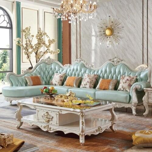 7 Seaters Corner Sofa Set Designs Light Blue Leather Living Room Furniture