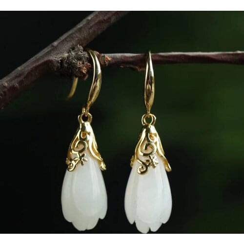 White Jade Magnolia Earrings Gemstone Zircon Natural Women Crystal Charm Chalcedony Gifts Amulet 925 Silver Jewelry Fashion