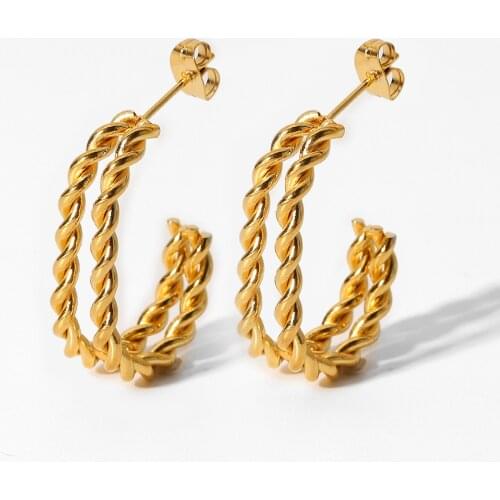 Double Layer CC Shape Twist Open Design Hoop Earrings For Women 18K Gold Plated Stainless Steel Circle Earrings Jewelry