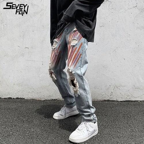 Hi Street Hole Blue Jeans Men Graffiti Printed Fashion Streetwear Hip Hop Ripped Denim Pants Fashion Slim Pencil Jean Trousers