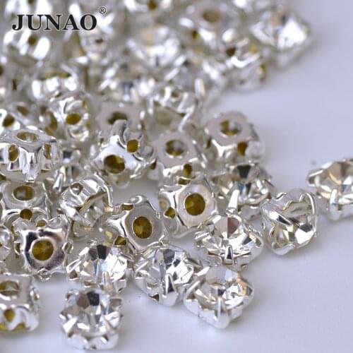 JUNAO 6 7 8 10 mm Big Sewing Clear Crystals Glass Claw Rhinestone Applique Flatback Strass Sew On Crystal Stones For Dress Shoes