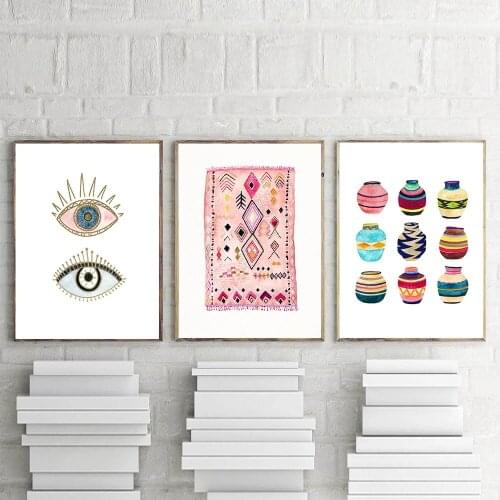 Moroccan Rug Art Painting Boho Wall Pictures Eye Tribal Woven Basket Watercolor Canvas Art Prints Home Bohemia Poster Wall Decor