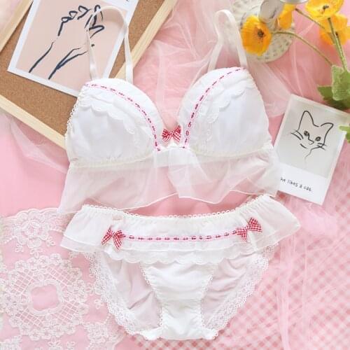 Sweet Japanese Style Soft Girl Fairy Lace Underwear Set Kawaii Lolita Bow ribbon Net yarn No-rims Lingerie Bra & Panties Set