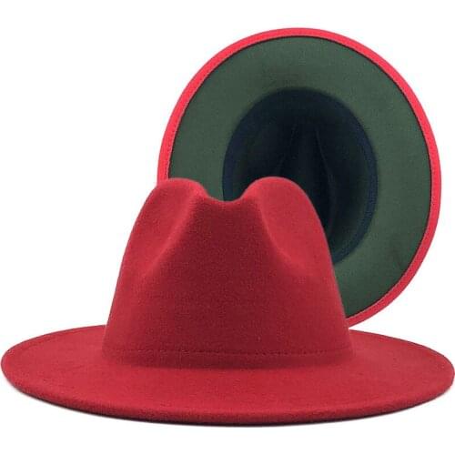 Winter Outer red Inner Army Green Wool Felt Jazz Fedora Hats with Thin Belt Buckle Men Women Wide Brim Panama Trilby Cap X XL