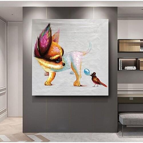 100% Hand Painted Cartoon Animals Abstract Oil Paintings Dog Watch Little Bird Wall Decor For Living Room Kids Room Bedroom