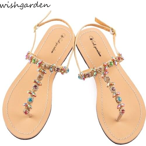 NEW Women`s summer bohemia diamond sandals women beach Rhinestone shoes T-strap thong flip flops comfortable slippers boho shoes