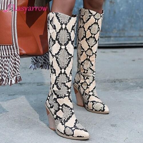 Lasyarrow Western Cowboy Knee High Boots Snake Print Women Boots Fashion Strange Style High Heel Boots Autumn Winter Woman Shoes