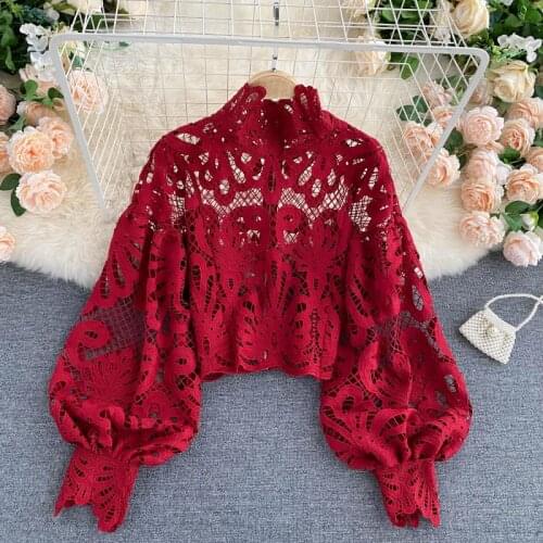 Spring autumn womens sexy hollow out long sleeve lace shirt female fashion casual loose puff sleeve chic shirt blouse TB1057