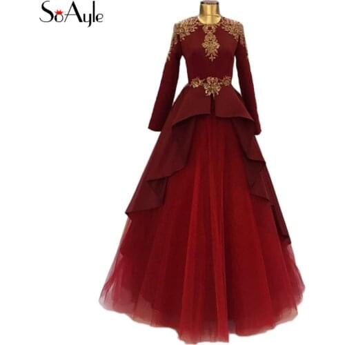 SoAyle Ball Gown 2018 Evening Dresses Dubai Muslim Womens Long Dresses Burgundy Formal Gowns for Prom Sequin Applique Arabia