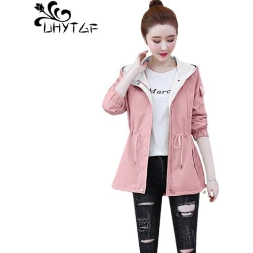 UHYTGF Korean plus size trench coat women hooded casual spring autumn windbreaker female short tops elegant girl thin coats 1474