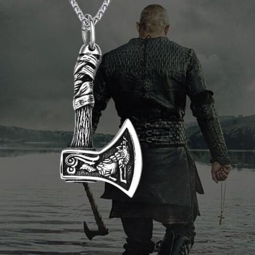 Vintage Viking Axe Pendant Necklace for Men Women Stainless Steel Viking Wolf Odin Crow Amulet Necklace Nordic Viking Jewelry