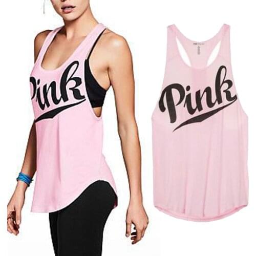 Women Ladies Casual Sleeveless T-shirts Vest Tops Soft Pink Letter Print Fitness Loose Workout Tank Gym Wear