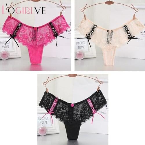Logirlve 3 Packs European And American Export Bowknot Sexy Lace Hollow Out Panties Thong Womens Panties 3XL Size Underpanty