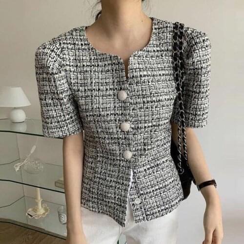 Thin Summer Short Tweed Women Jackets O-neck Puff Short Sleeve Single Breasted Retro French Loose Women Coat Korean Chic