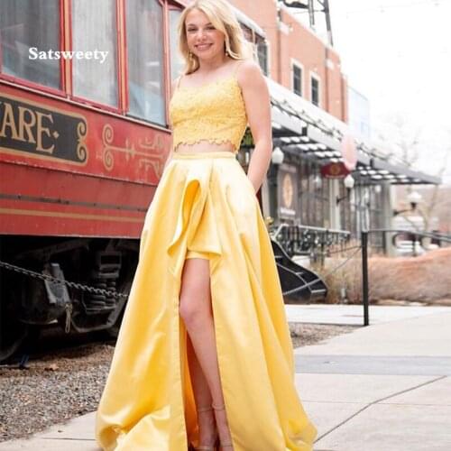 A-line Two Pieces Prom Dress With Pockets Front Split Yellow Satin Special Occasion Party Gowns Robe De Soiree Celebrity Gowns