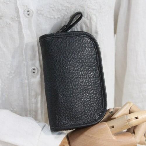 100% Genuine Leather Key Organizer Bag Black Unisex Zipper Keyring Coin Card Purse Multi-fonction Key Card Pouch Cover Wallet