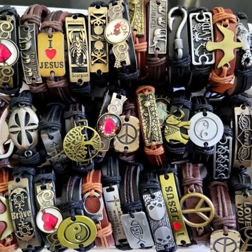 30pcs Men Women Alloy Bronze Punk Retro Style Leather Bracelets Man Wrsitbands Boy Wrist Cuff Wholesale Sport Jewelry