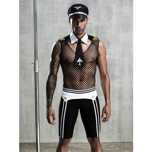 4Piece/set Mens Role Play Sexy Bondage Mesh Air Force Uniform Set Cosplay Gay Bar Dance Perform Costume Outfit