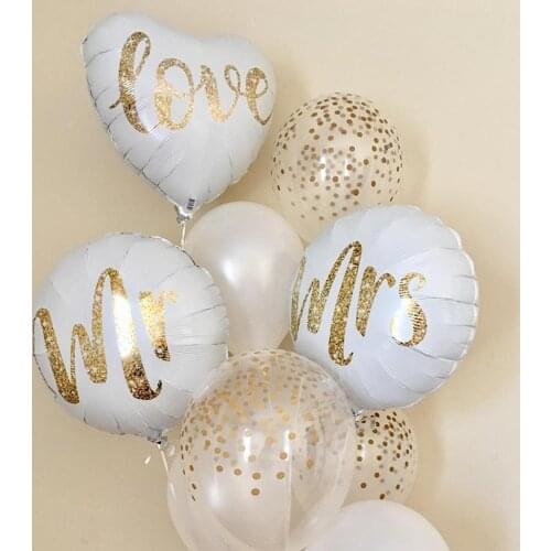 50pcs 18inch Round White Gold Glitter Print Mr&Mrs LOVE Foil Balloons Bride Mariage Wedding Decor Valentines Day Event Supplies
