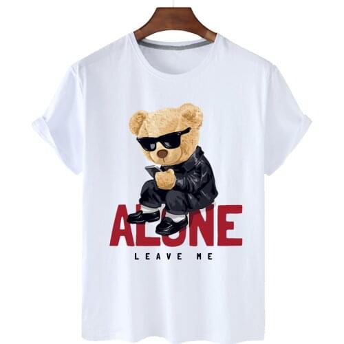 Pure Cotton Alone Mobile Phone Sunglasses Bear Print Short-sleeved O-neck Loose Casual Top T-shirt Male Oversized T-shirt S-3XL