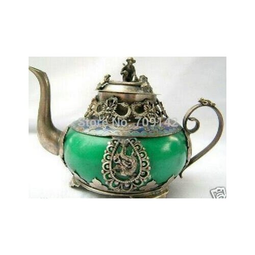 Decoration crafts art Art old tibet silver jade teapot Hand-painted Tibet Silver Teapot Tibet Miao Antique Old Silver