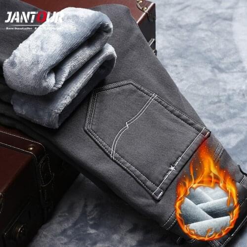 Jantour 2020 New Winter Mens Thicken Plus Cashmere Business Casual Stretch Jeans Denim Warm Jeans For Classic Fashion Gray