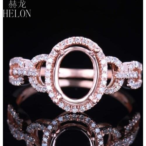 HELON 9x7mm Oval Cut Solid 14K Rose Gold Genuine Natural Diamond Semi Mount Engagement Wedding Ring Setting Women Fine Jewelry