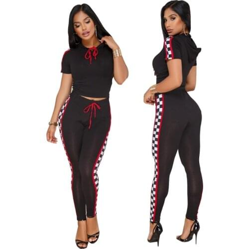 Fashion two piece set Moto tracksuit women clothes Plus size Plaid crop top and pants Hooded Tights