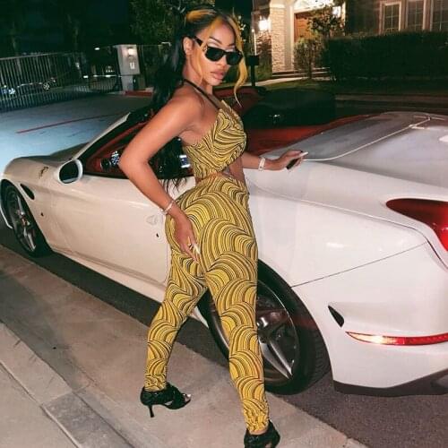 Fashion Women Summer New Printing Hanging Neck Open Back Suspender High Waist Slim Pants Suit