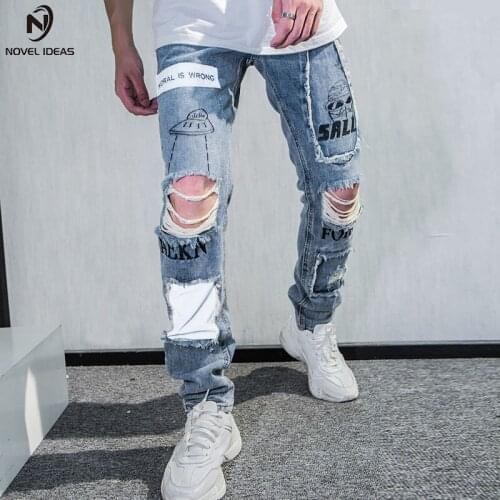 Dropshipping Reflective Men Skinny Ripped Jeans Vintage Biker Jogger Distressed Hole Baggy Denim Slim Fit Casual Pants US Size