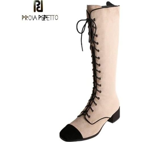 Small Fragrant Fashion Boots Fashion Color Blocking Round Toe Thick Heel Cross Strap Back Zipper High Heel Knee-length Boots