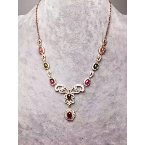 Natural multicolor tourmaline Necklace natural gemstone Pendant Necklace S925 silver trendy dragonfly women party Jewelry