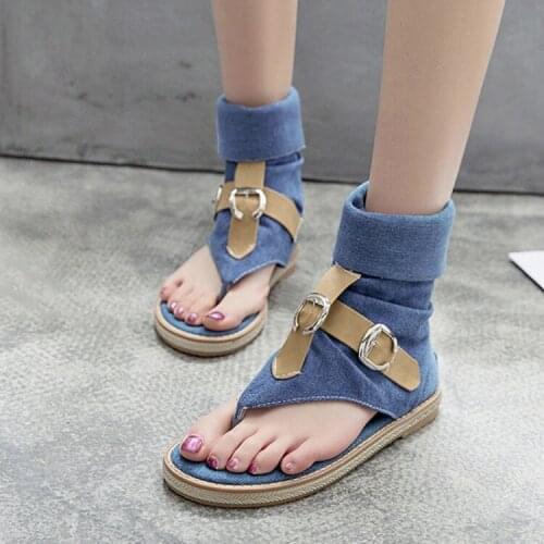 PXELENA Korean Flat Denim Sandals Women Thong Flip Flops Rome Gladiator Sandals Ladies Shoes Blue Black 2019 Summer Plus Size