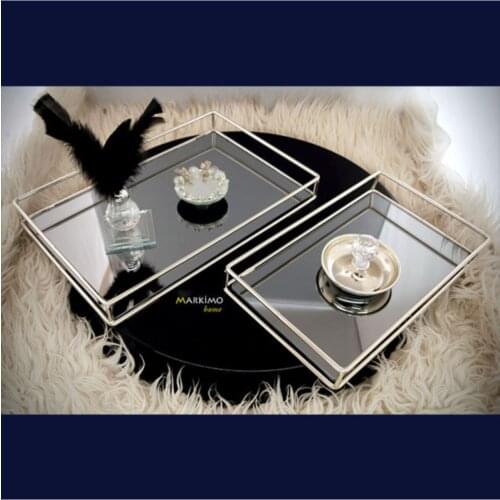 Silver Rectangle Mirror Prism Presentation And Serving Tray Jardinyer 2'li Set